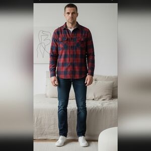Three Sixty Six Men's Casual Red and Blue Plaid Shirt